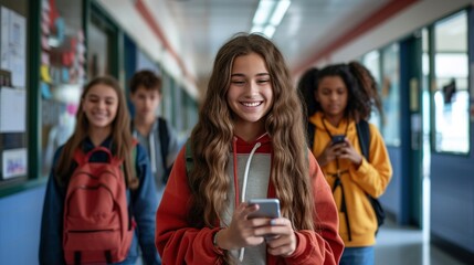 Happy teenage girl with curly hair texting on phone with group of friends in background.