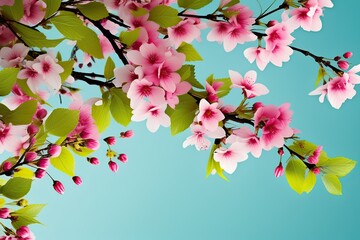 Obraz na płótnie Canvas Cherry blossom tree with pink flowers on blue sky background.