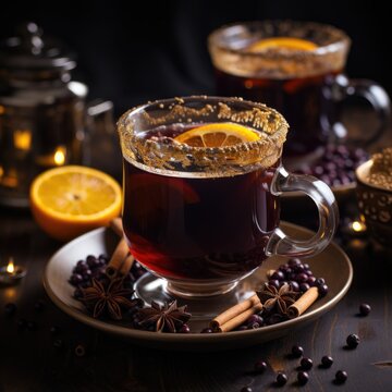 A hot drink, mulled wine, with orange, cinnamon, nutmeg, and cloves. A traditional red wine drink, mulled wine, served in a glass on a tray.