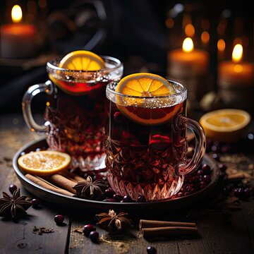 A hot drink, mulled wine, with orange, cinnamon, nutmeg, and cloves. A traditional red wine drink, mulled wine, served in a glass on a tray.