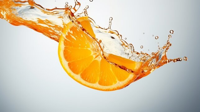 Slide cut piece of orange drop with orange juice splash water
