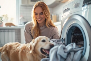 A woman pulls washed laundry out of the washing machine and smiles at the concept of clean laundry