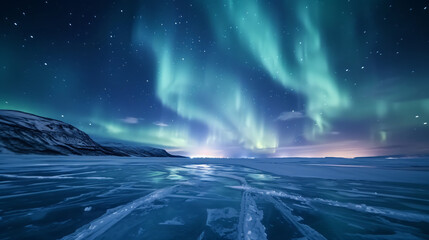 A frozen lake under the northern lights.