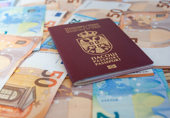 Serbian passport on a euro currency background. Flat lay.