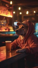 Dog in Hoodie Enjoying a Beer at a Cozy Bar