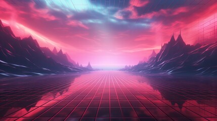 Retro color, Retro Sci-Fi Background Futuristic Grid landscape of the 80s. Digital Cyber Surface on sky. Crtoon style.