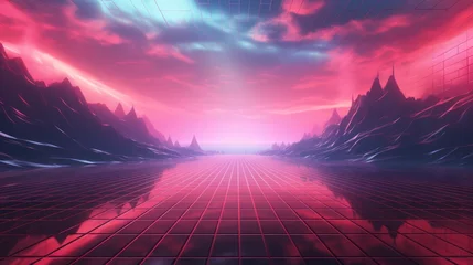 Poster Im Rahmen Retro color, Retro Sci-Fi Background Futuristic Grid landscape of the 80s. Digital Cyber Surface on sky. Crtoon style. © nataliia_ptashka