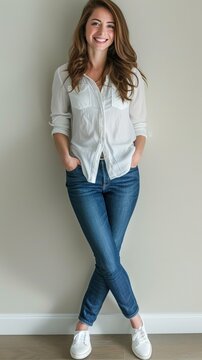 Portrait of a smiling young woman in a casual white shirt against a grey background.