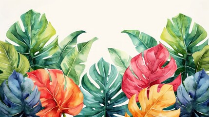 Watercolor Monstera Leaf. Cute watercolor Philodendron tropical leaves. Banner, wallpaper, green background, exotic tropical wall, abstract floral pattern, illustration.