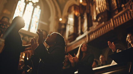 A gospel choir singing soulfully in a historic church accompanied by an organ and clapping. - obrazy, fototapety, plakaty