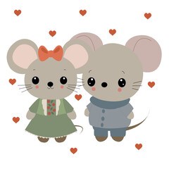 Cartoon mice with heart. Boy and girl. Couple. Valentine. Card. Print. On a white. Isolated objects. Happy. Love. Characters. Cute vector illustration. Holiday.