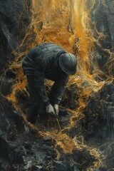 man digging into an earth pit and pouring gold, in the style of detailed graphite sketches, gold Rush