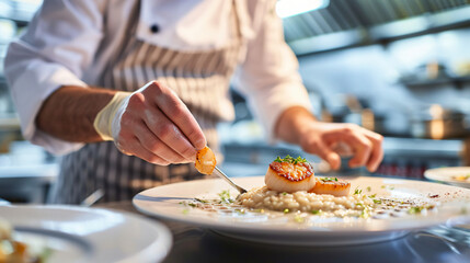 A gourmet chef plating a delicate dish of seared scallops on a bed of risotto in a high-end restaurant kitchen.