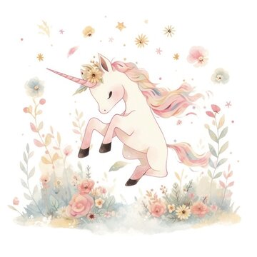 Cute Unicorn illustration pastel and candy colors for girls princess poster. Trendy cartoon baby horse with flowers