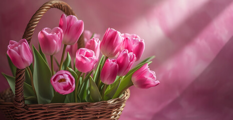 pink tulips in a basket with a pink background in