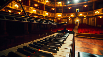 A grand piano in a luxurious concert hall with a focus on the ebony and ivory keys.