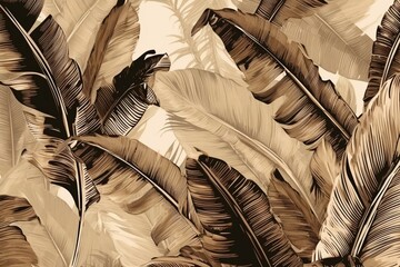 Hand-drawn, vintage-style bronze banana leaves and palm grunge pattern representing the exotic tropical nature. Ideal for luxury wallpapers, fabric printing, and murals. Generative AI