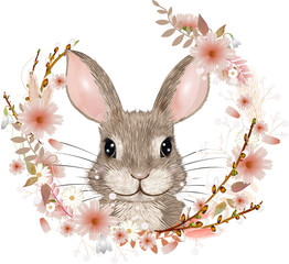 Weidenkätzchen,Blüten und Kaninchen als Osterhase in einem frühlingshaften Blumenkranz vereint