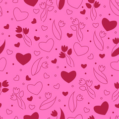 Seamless background, in pink tones with hearts and flowers. Illustration for designing romantic materials.