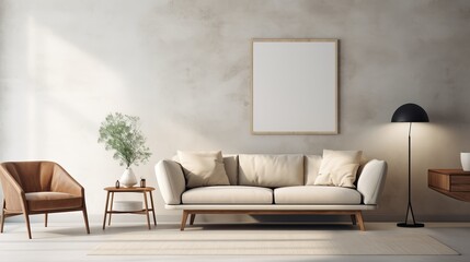 Stylish vintage furniture in a spacious flat interior with beige sofa chairs and posters on the wall
