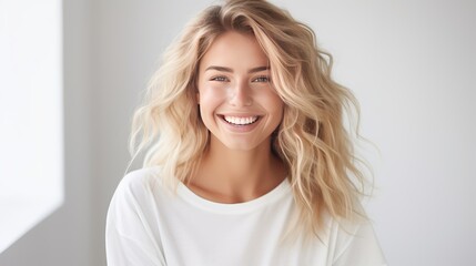 Stylish blonde girl in cropped top smiling happy