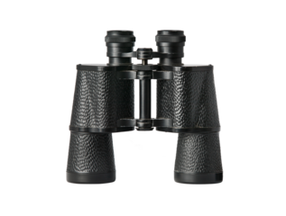 Black old military binoculars. Transparent PNG