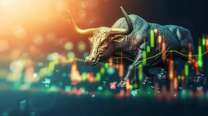 Green suited bull with rising charts symbolizing trading volatility and recession in bull market. - obrazy, fototapety, plakaty