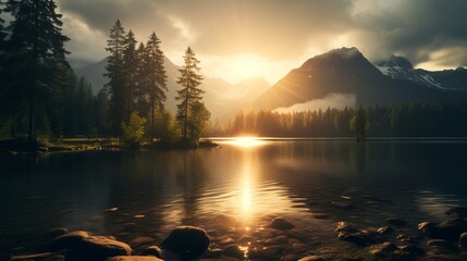 Obraz premium Sun shinning through the mountains and the lake