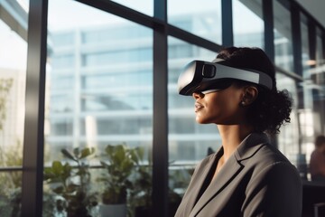 businesswoman in a VR headset stands contemplatively in a modern office setting, engaging with immersive technology