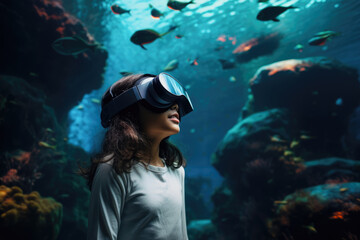 Naklejka na ściany i meble child is immersed in a virtual reality experience, marveling at the vivid underwater seascape that surrounds her