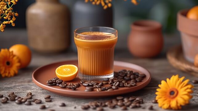  a cup of coffee with a slice of orange on a plate next to coffee beans and sunflowers on a table with a vase of flowers in the background.