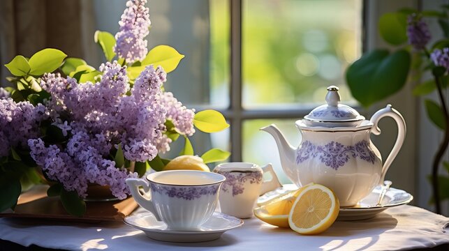 Tea with  lemon and bouquet of  lilac primroses on the table
