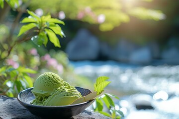 美しい日本風の背景と抹茶アイスクリームのイメージ（緑茶・茶道・庭園） - obrazy, fototapety, plakaty
