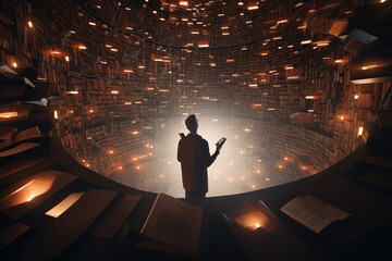 solitary figure stands in awe within a circular, multi tiered library filled with countless books, bathed in warm light