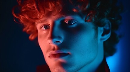 Thoughtful. caucasian close up man's portrait isolated on blue  wall in red neon light. beautiful male model, red curly hair. concept of human emotions, facial expression, sales, ad.