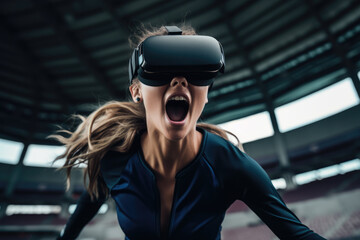 woman immersed in a virtual reality workout inside a stadium, training with a VR headset