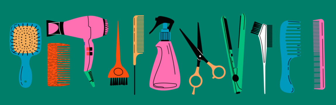 Set of equipment for a hairdresser. Hair dryer, hairbrush, scissors and different professional tools for barbershop. Hand drawn vector illustration.