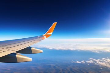 Fototapeta premium Clouds and sky as seen through window of aircraft. flying and traveling, view from airplane window on wing on sunset time. View out of window of flying plane overlooking sky. Place for text banner