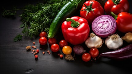 Top view colored vegetables sliced onions green bell pepper and tomatoes on the brown desk and grey