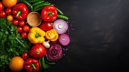 Top view colored vegetables sliced onions green bell pepper and tomatoes on the brown desk and grey