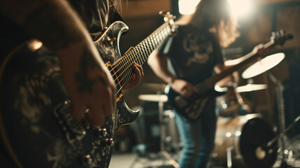 A heavy metal band rehearsing in a garage with loud electric guitars drums and raw energy.