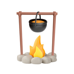 Burning campfire laid cobblestones, flame with cauldron 3D vector, cooking food over a bonfire, camping and picnic