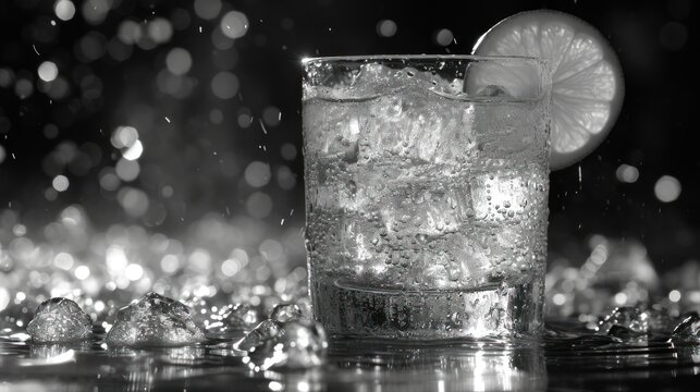  a black and white photo of a glass of water with a slice of lemon on the rim of the glass and ice cubes on the bottom of the glass.