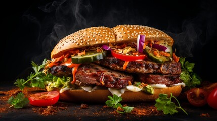 Top view delicious meat sandwich made of meat grilled on a spit with vegetables and seasonings on blue desk burger meat meal lunch food sandwich - obrazy, fototapety, plakaty