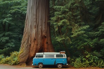 a blue van parked next to a large tree