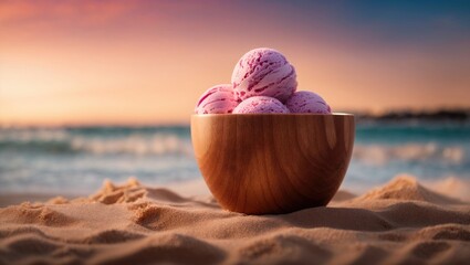 Strawberry ice cream in a wooden cup on beach, summer, spring, advertising, sand