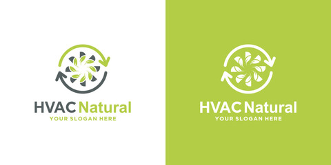 HVAC design template with natural materials. logo design for fan. combination of fan symbol with green leaves