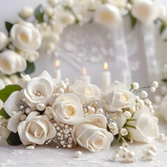 Floral decoration and accessories for a wedding.AI