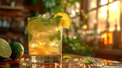  a close up of a glass of lemonade on a table with limes and limes on the side of the glass, and a window in the background.
