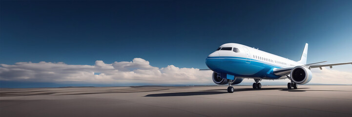 airplane on runway on beautiful background with clouds and blue sky. plane airport runways for traveling and transport business. Copy space banner